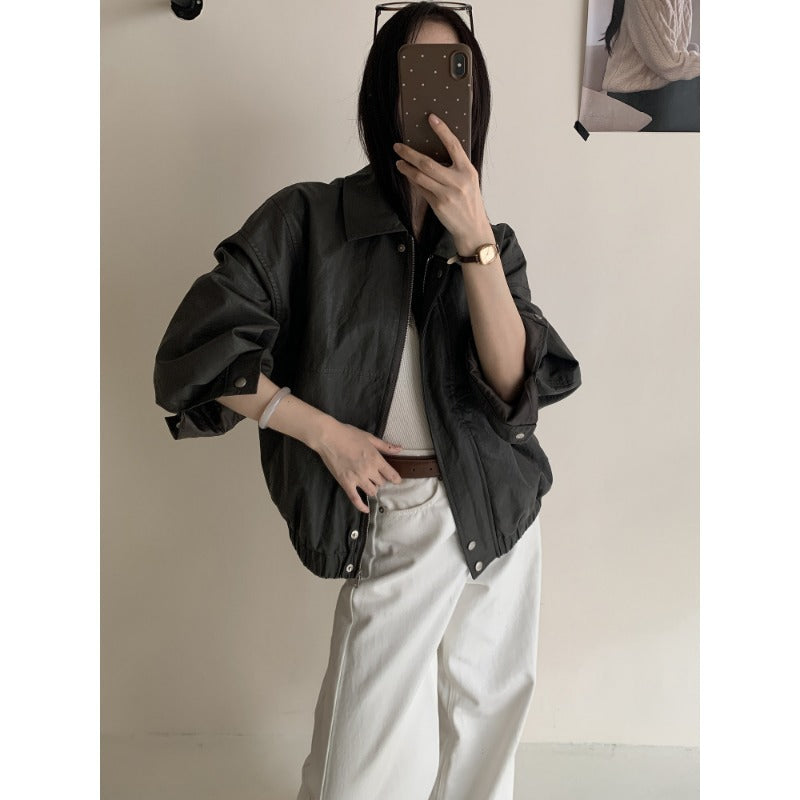 Damen Boxy Lederoptik Bomberjacke mit überschnittenen Schultern und Reißverschluss Echoarchiv