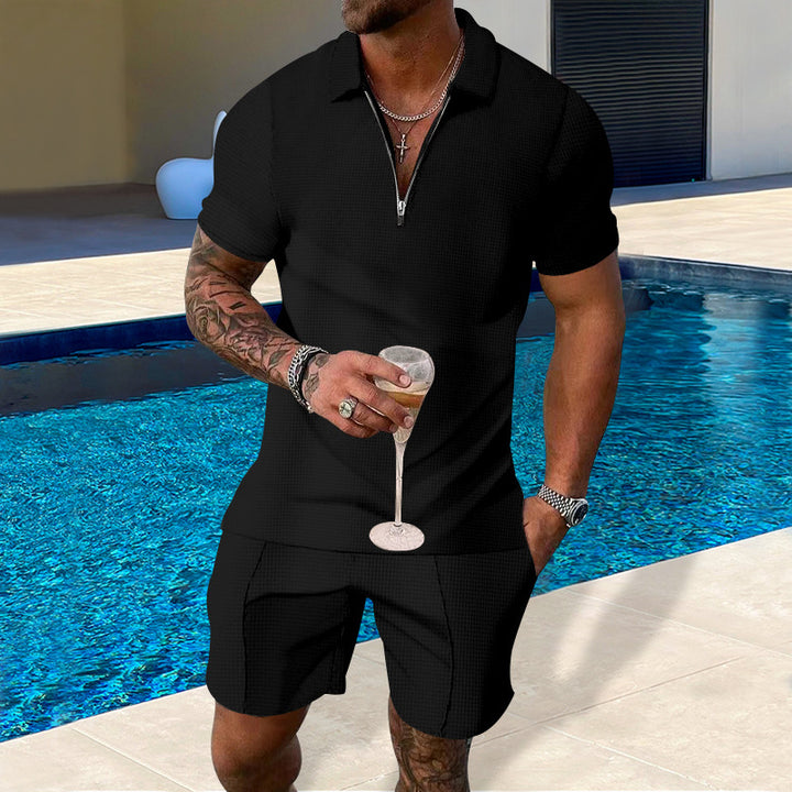 Herren lässiges Polo- und Shorts-Set mit Reißverschluss und strukturierter Oberfläche Echoarchiv