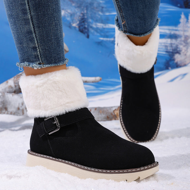 Damen Gefütterte Kurzstiefelette mit Kunstfellkragen, Velours‑Optik und Zierschnalle – Varelle
