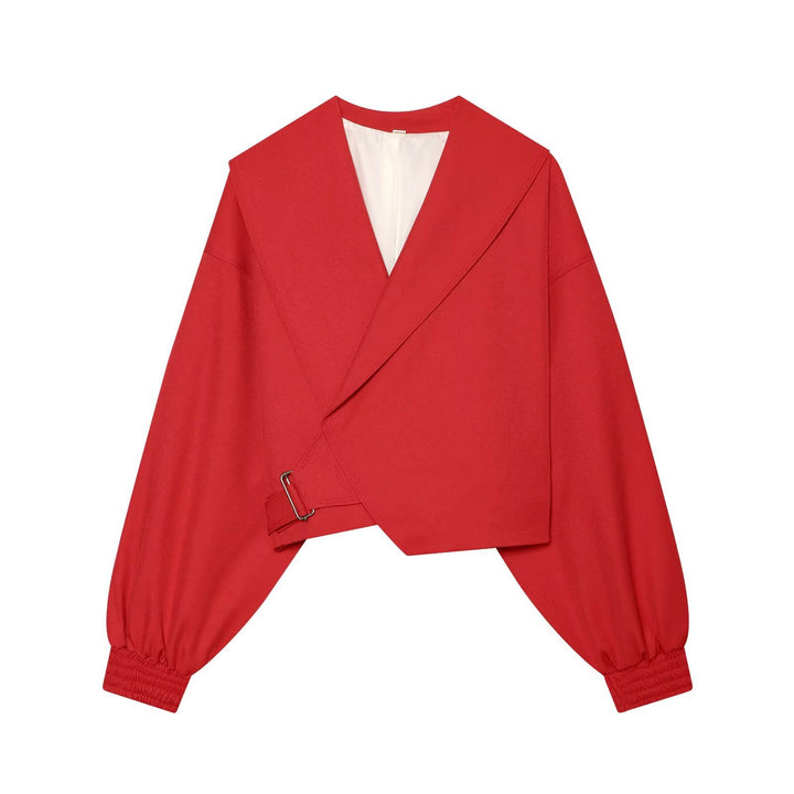 Damen Kurze Wickeljacke mit weitem Schalkragen, taillierendem Schnallenband und Ballonärmeln Echo Archiv