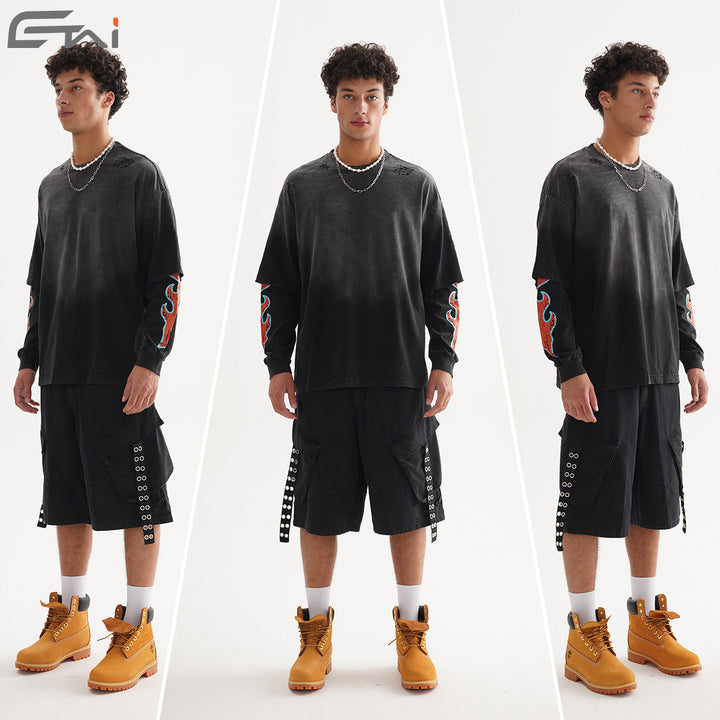 Herren Oversize-Langarmshirt mit doppeltem Lagenlook und Used-Details Echo Archiv
