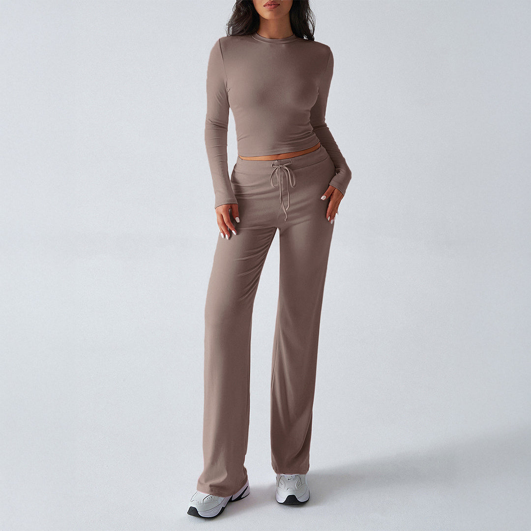 Damen nan tailliertes Longsleeve-Crop-Top und weite Lounge-Hose im Zweiteiler-Set aus Stretchjersey Echo Archiv