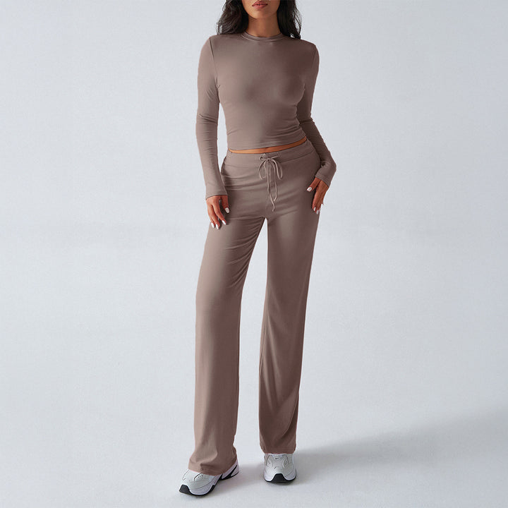Damen nan tailliertes Longsleeve-Crop-Top und weite Lounge-Hose im Zweiteiler-Set aus Stretchjersey Echo Archiv