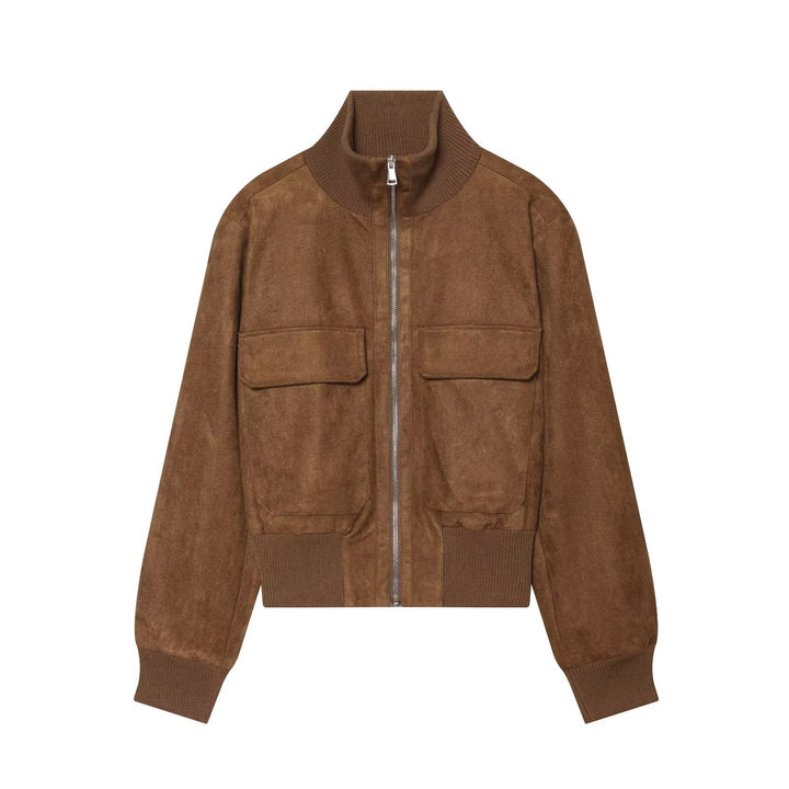Damen Kurzblouson aus Veloursleder mit hohem Rippkragen und aufgesetzten Pattentaschen Echo Archiv