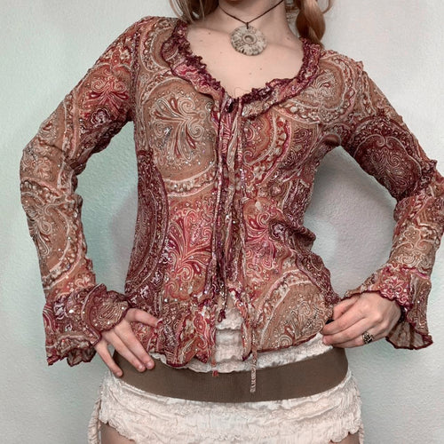 Damen Transparente Mesh-Bluse mit Paisley‑Print, Rüschenkragen, BindEcho Archivand und Glockenärmeln Echo Archiv