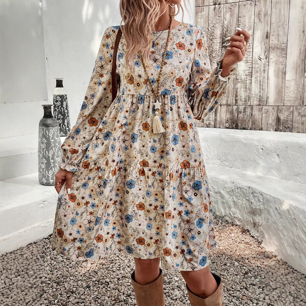 Damen Geblümtes Stufenmidikleid mit Rundhalsausschnitt, geraffter Taillenpartie und Ballonärmeln – Avérine
