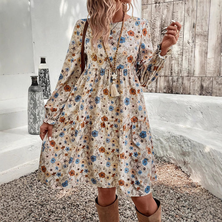 Damen Geblümtes Stufenmidikleid mit Rundhalsausschnitt, geraffter Taillenpartie und Ballonärmeln – Avérine