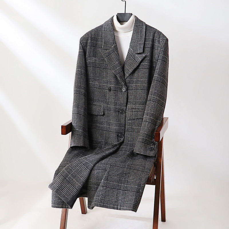 Herren Karierter Longcoat aus Wollmix mit klassischem Revers und geradem Schnitt Echoarchiv