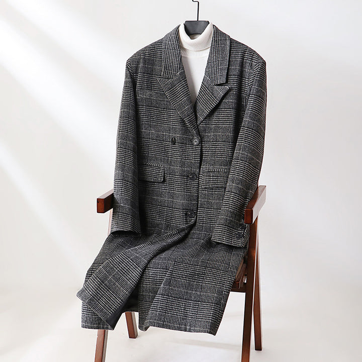 Herren Karierter Longcoat aus Wollmix mit klassischem Revers und geradem Schnitt Echoarchiv