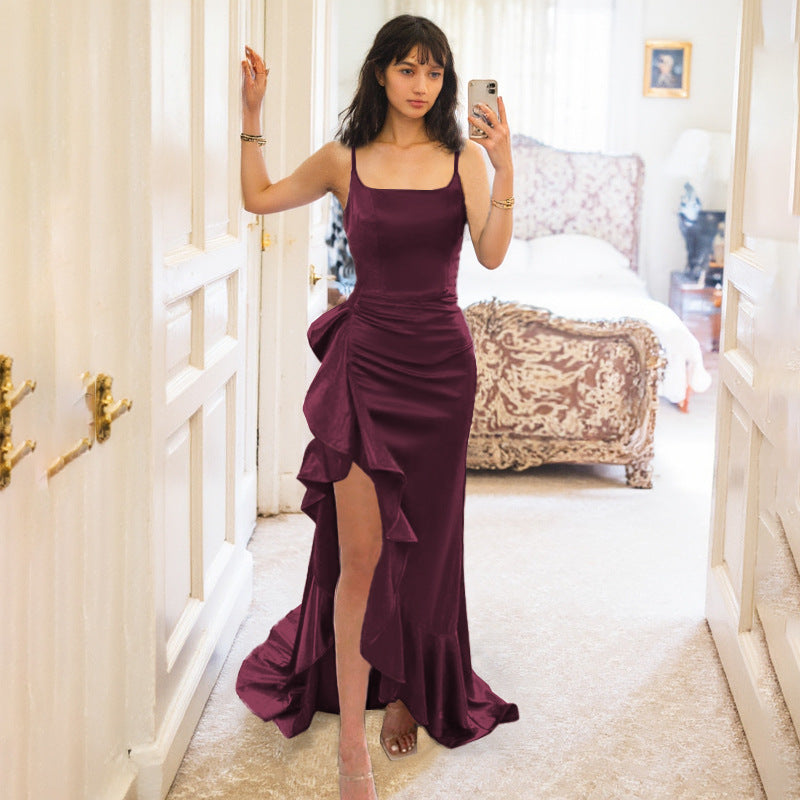 Damen elegantes Maxikleid mit seitlichem Schlitz und fließendem Rüschensaum Echo Archiv