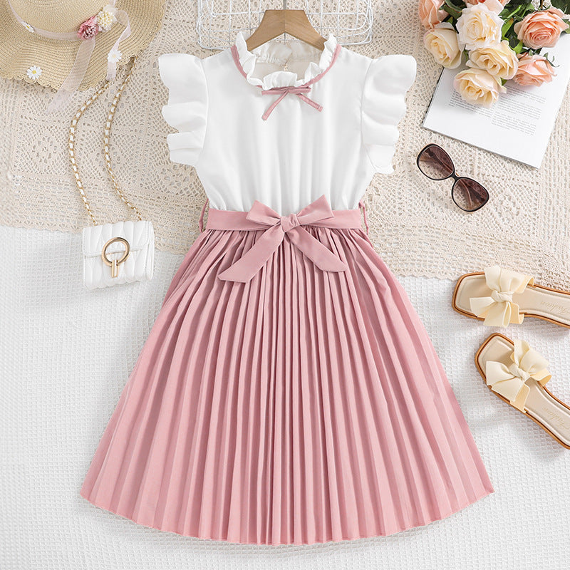 Mädchen Faltenrockkleid mit Puffärmeln und Taillenknoten Echoarchiv