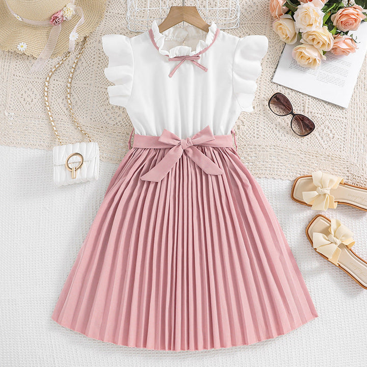 Mädchen Faltenrockkleid mit Puffärmeln und Taillenknoten Echoarchiv