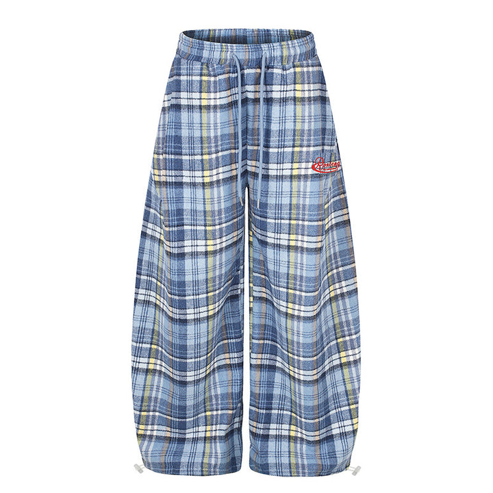 Damen Weite Karierte Palazzo-Loungehose mit hohem Komfortbund und Saumkordel Echoarchiv