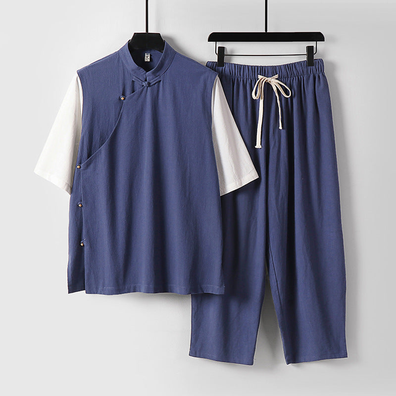 Herren Asymmetrisches Kimono-Loungewear-Set mit Stehkragen und Kordelhose Echoarchiv