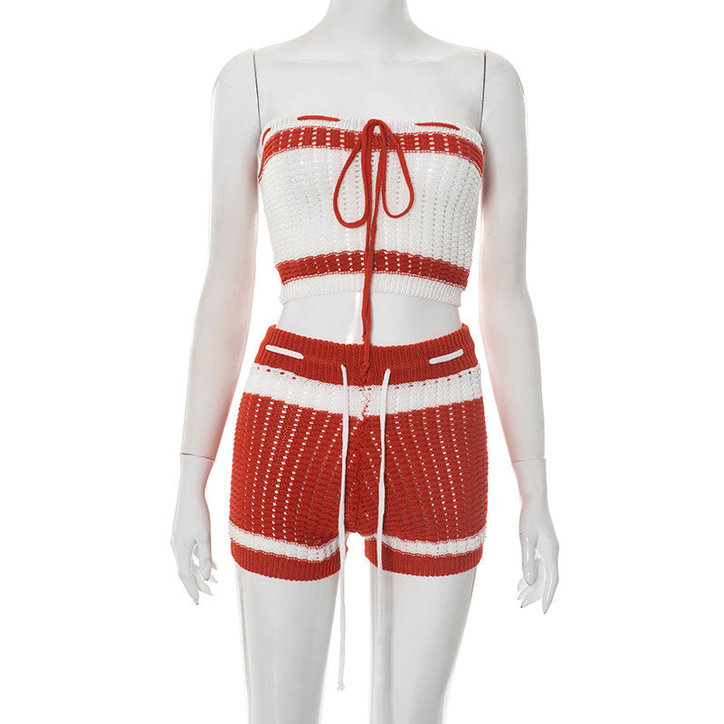 Damen Knitted Bandeau Set mit Shorts und verstellbarem Kordelzug Echo Archiv