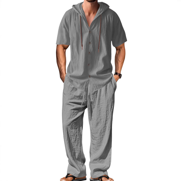 Herren nan luftiges Leinen-Lounge-Set mit kurzärmeligem Kapuzenhemd und gerader Relaxhose Echo Archiv