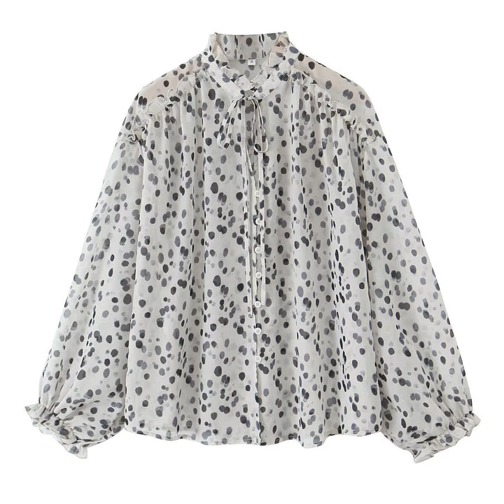 Damen Transparente Chiffonbluse mit Tupfenprint, Stehkragen und voluminösen Rüschenärmeln Echo Archiv