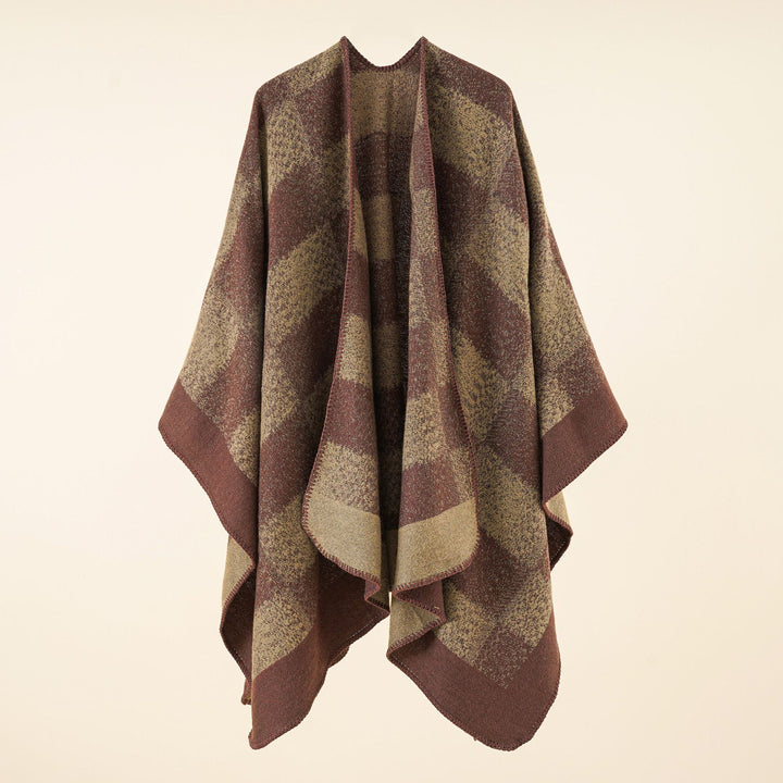 Damen Vielseitiger Wollmix-Überwurf im kastigen Kimono-Fall mit großflächigem Karojacquard – Montévia