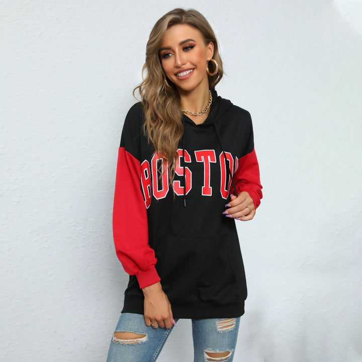 Damen Oversize Kapuzenpullover mit Blockingärmeln und Boston-Frontprint Echoarchiv