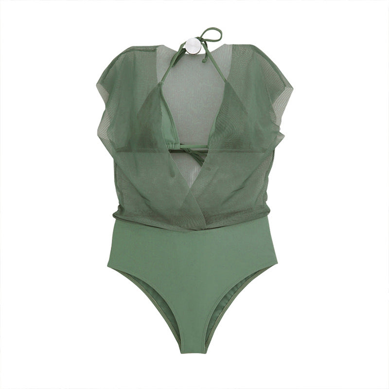 Damen Einteiliger Badeanzug mit transparentem Wickeldetail und femininen Puffärmeln Echo Archiv