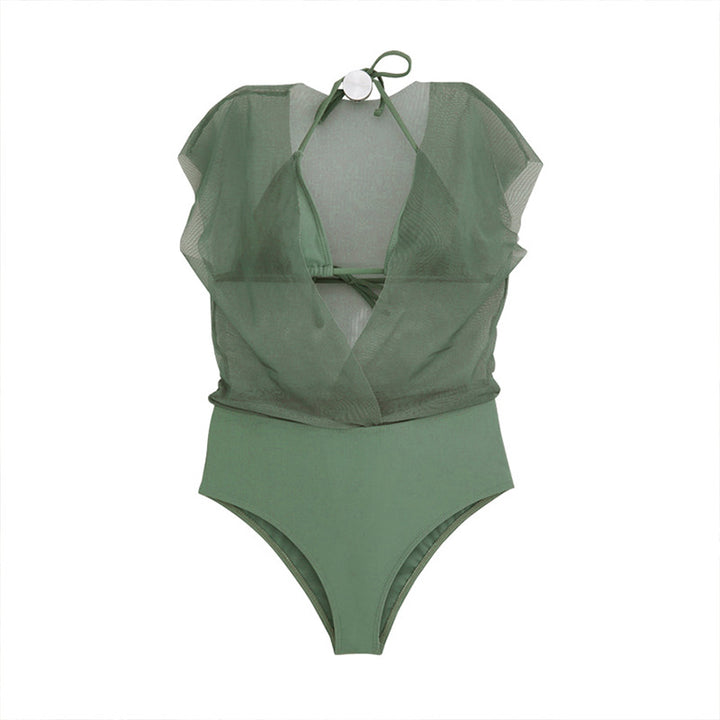 Damen Einteiliger Badeanzug mit transparentem Wickeldetail und femininen Puffärmeln Echo Archiv