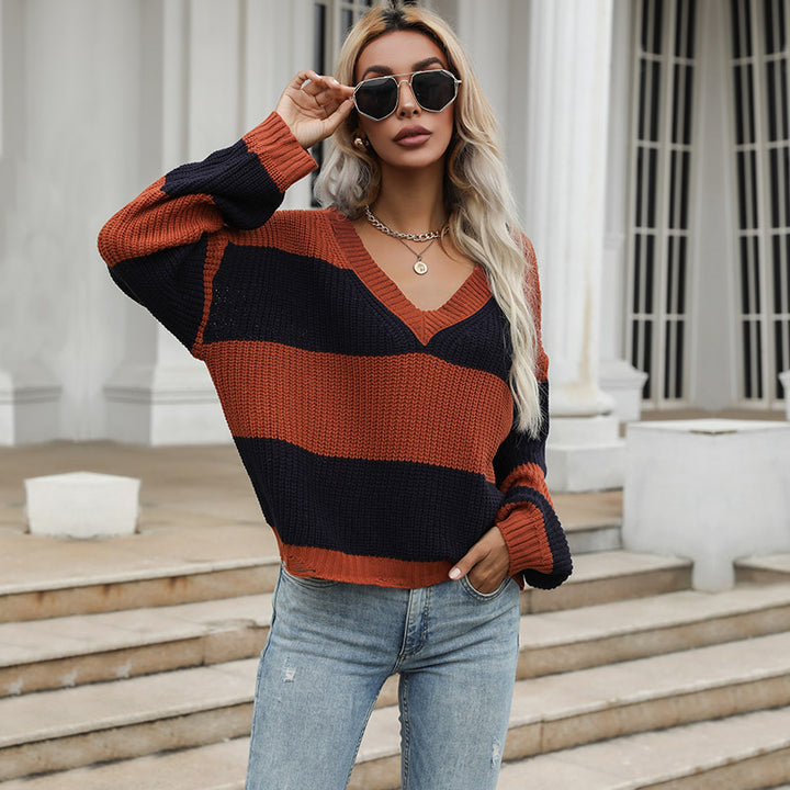 Damen Oversize-Chunky-Strickpullover mit schulterfreiem Fall, breiten Blockstreifen und geripptem Saum Echoarchiv