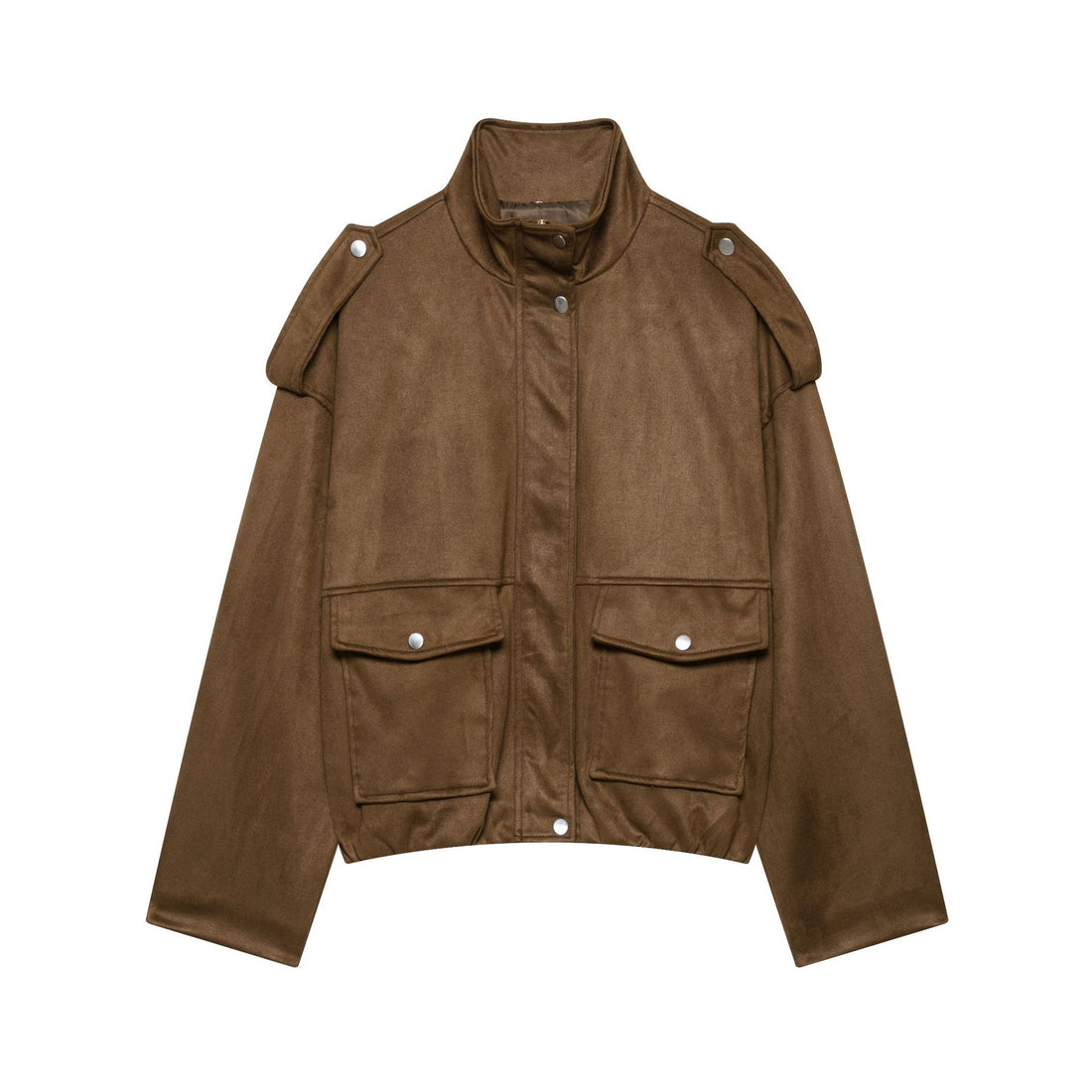 Damen Kurze Wildlederoptik-Fieldjacke mit Stehkragen, Pattentaschen und Schulterklappen Echoarchiv