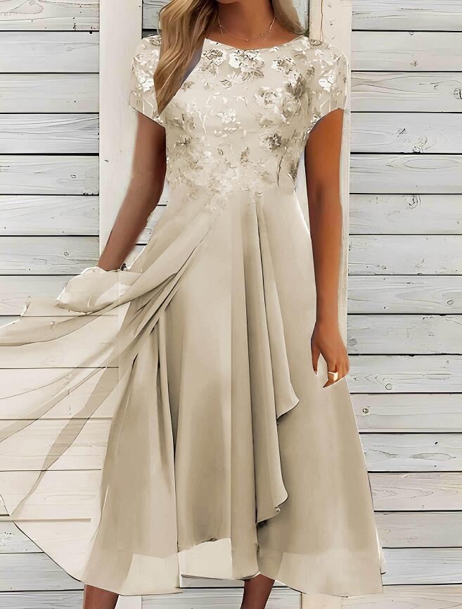 Damen nan elegantes Chiffon-Midikleid mit floraler Spitzenapplikation und fließendem Tellerrock Echoarchiv