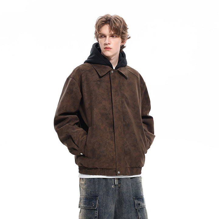 Herren Oversized Velourslederoptik Bomberjacke mit Kapuze und Doppelreißverschluss Echo Archiv