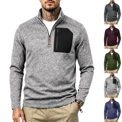 Herren Texturierter Troyer-Pullover mit halbem Reißverschluss und Brust-Zip-Tasche Echoarchiv
