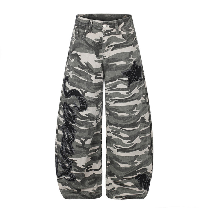 Damen Weite Camouflage‑Palazzo‑Hose mit Ballon‑Saum und dekorativen Stickdetails Echoarchiv