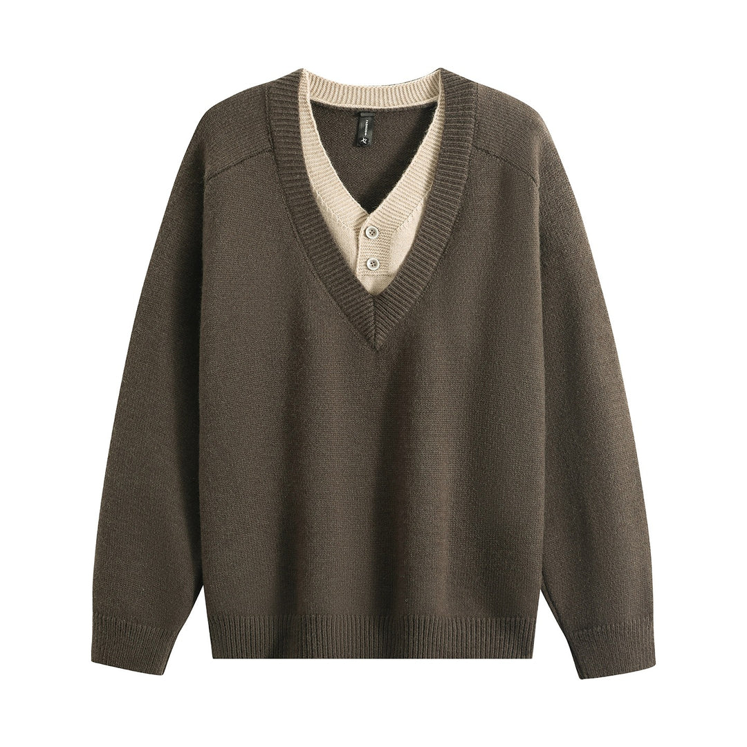 Unisex Oversize V‑Neck Strickpullover mit eingearbeiteter Henley-Optik Echoarchiv