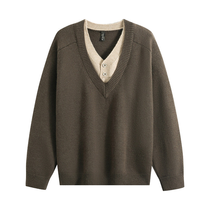 Unisex Oversize V‑Neck Strickpullover mit eingearbeiteter Henley-Optik Echoarchiv
