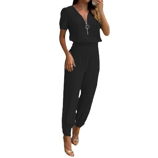 Damen Jumpsuit mit V-Ausschnitt und Gummizug Echoarchiv