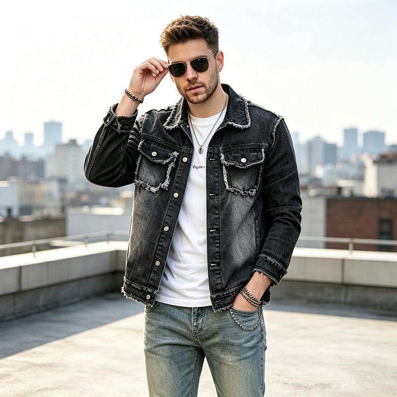 Herren Modische Jeansjacke mit Fransen Echoarchiv