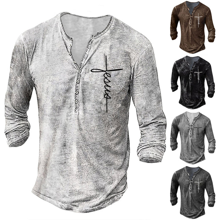 Herren Langarm Henley-Shirt mit kreativem Grafikdruck Echoarchiv