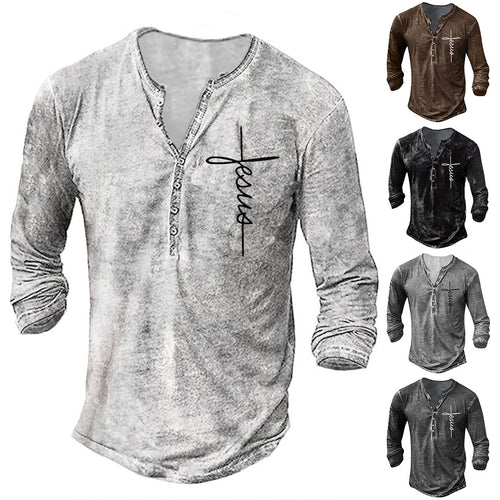 Herren Langarm Henley-Shirt mit kreativem Grafikdruck Echoarchiv