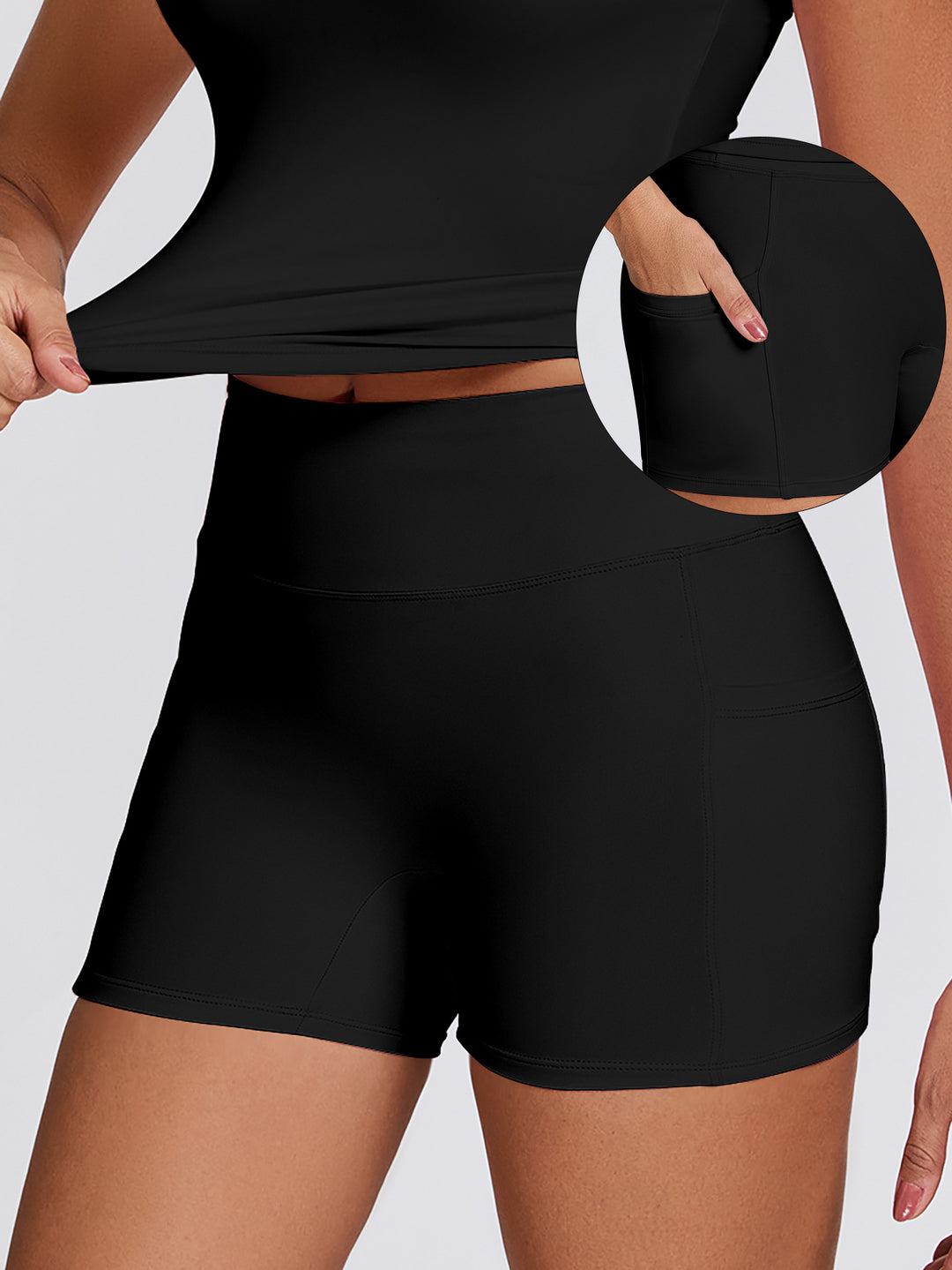 Damen Funktionale Sport-Shorts mit seitlichen Taschen und hohem Bund Echo Archiv