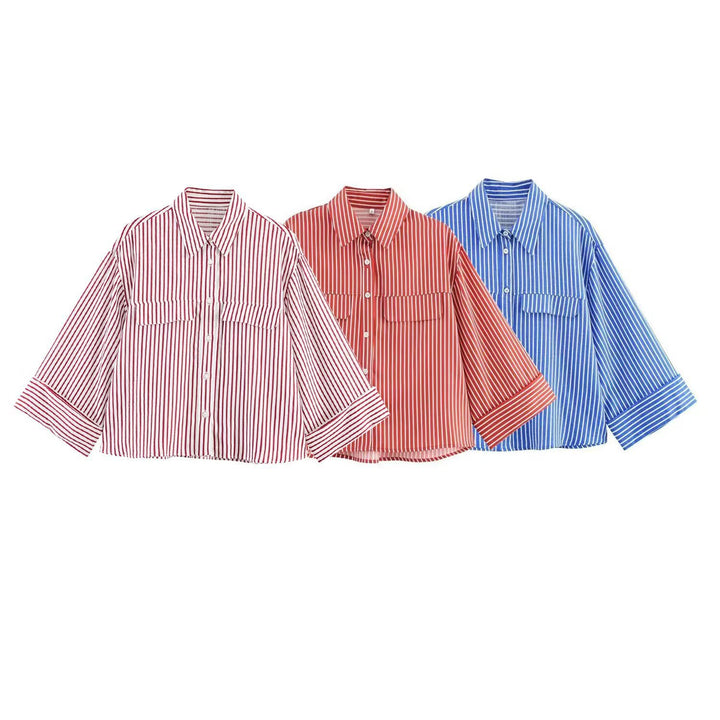 Damen gestreifte Bluse mit voluminösen Ärmeln und praktischen Taschen Echo Archiv