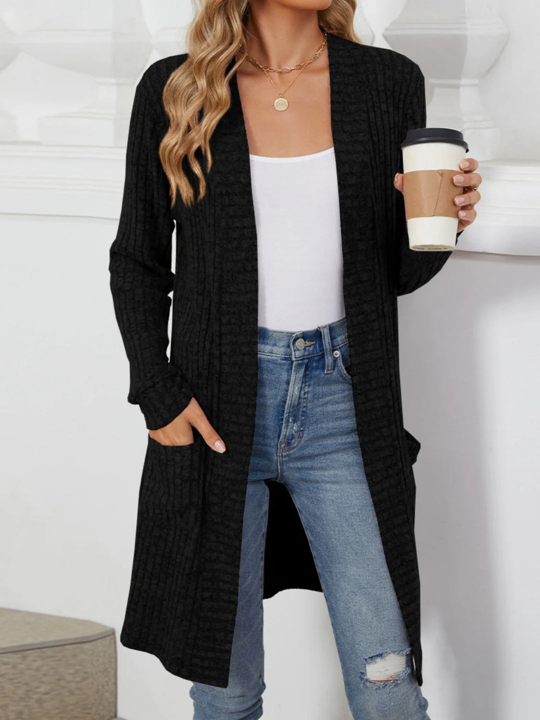 Damen Longcardigan aus geripptem Chenille mit aufgesetzten Taschen – Veloura
