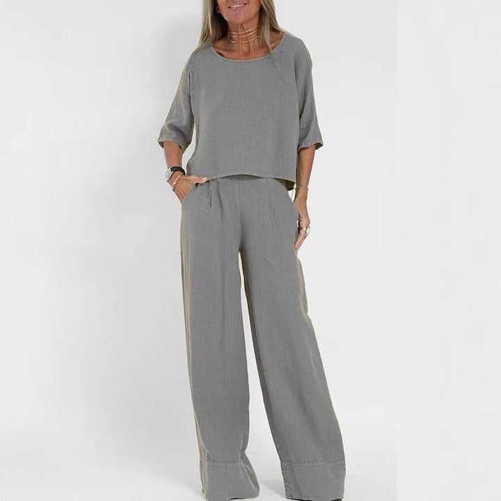 Damen luftiges Leinen-Ensemble mit weitem Schnitt und praktischen Taschen Echoarchiv
