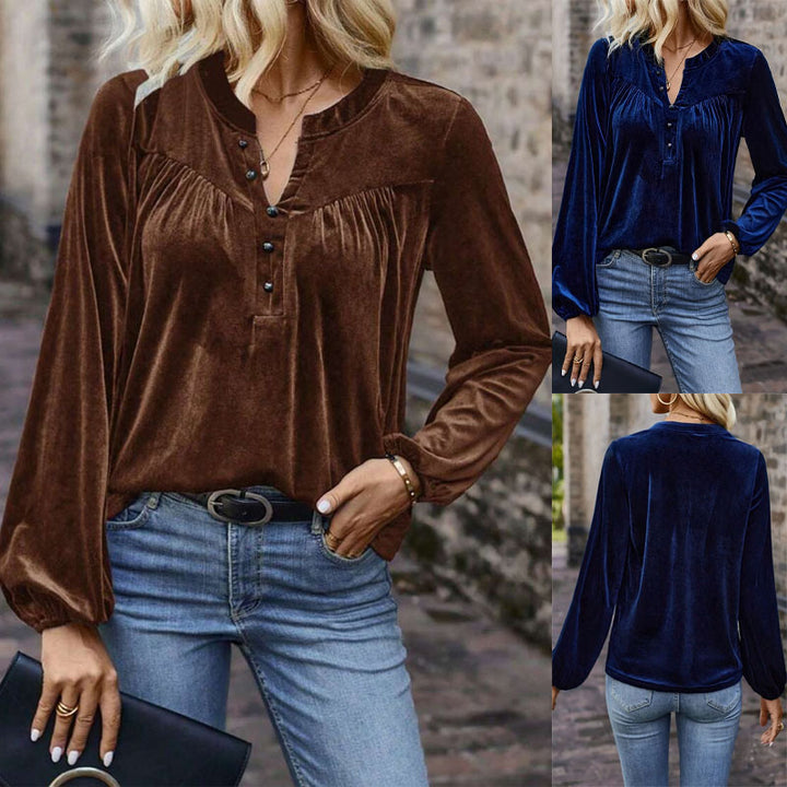 Damen Samtbluse mit Knopf‑Henley, geraffter Brustpasse und lockerer Passform Echoarchiv