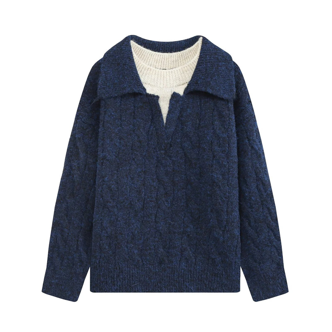 Damen Grobgestrickter Zopfstrick-Pullover mit Hemdkragen und integriertem Rippkragen Echoarchiv