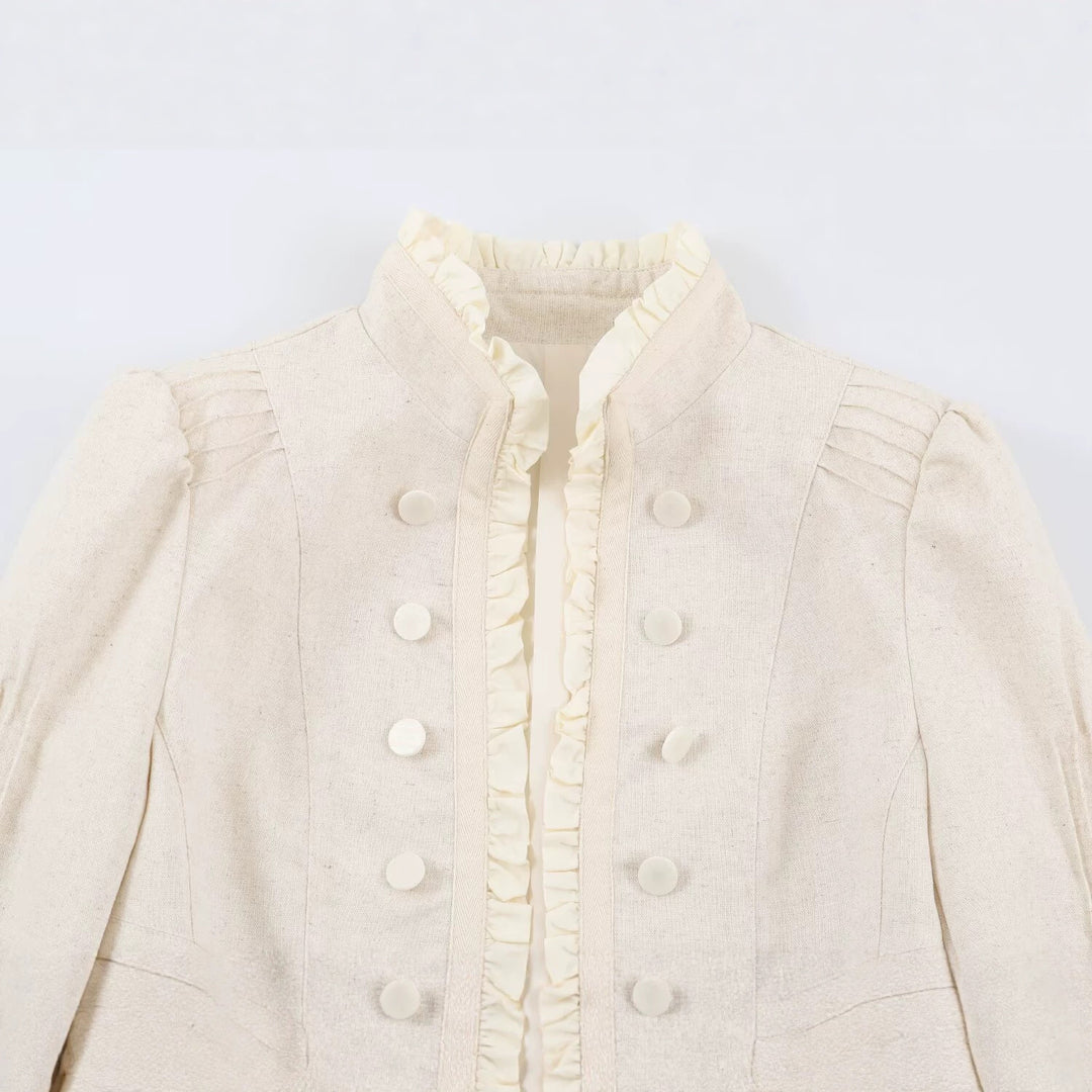 Damen Cropped Jacke mit taillierter Silhouette, Stehkragen und Rüschenblende Echo Archiv