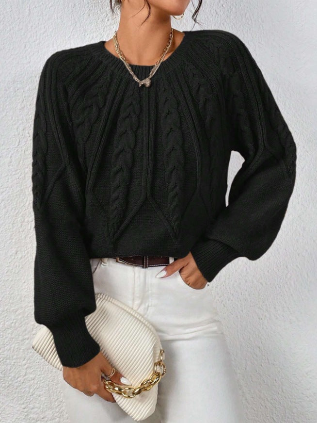 Damen nan kurzer Zopfmuster-Strickpullover mit Ballonärmeln und geripptem Saum Echo Archiv