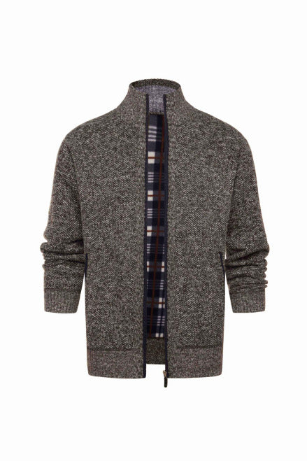 Herren gebürstete Strickjacke mit kariertem Thermofutter und Stehkragen – Taviero