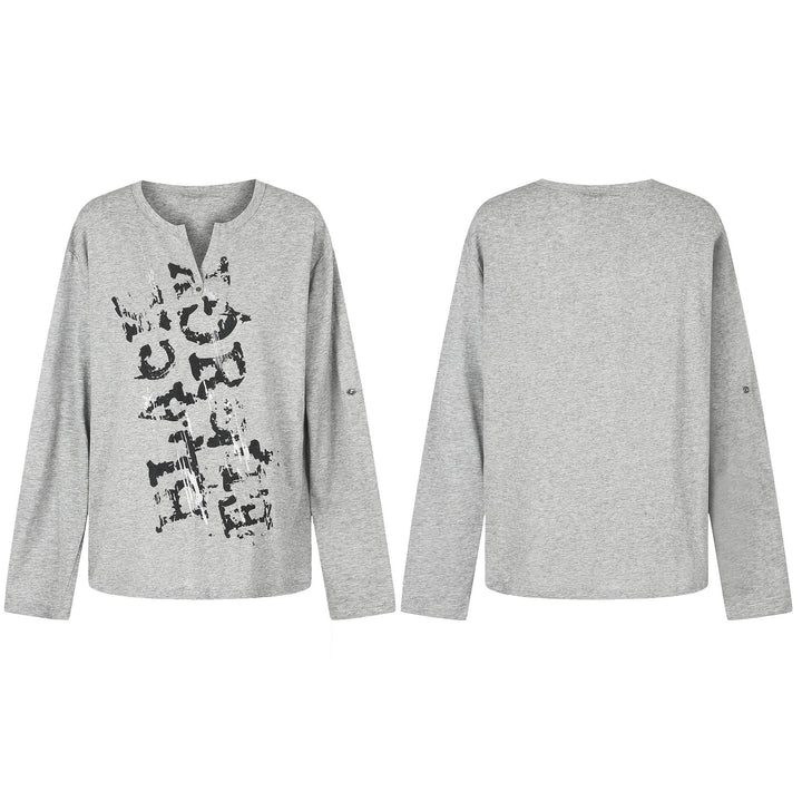 Damen Lässiges Langarmshirt mit Notch‑Ausschnitt, Oversize‑Silhouette und Druckgrafik Echoarchiv