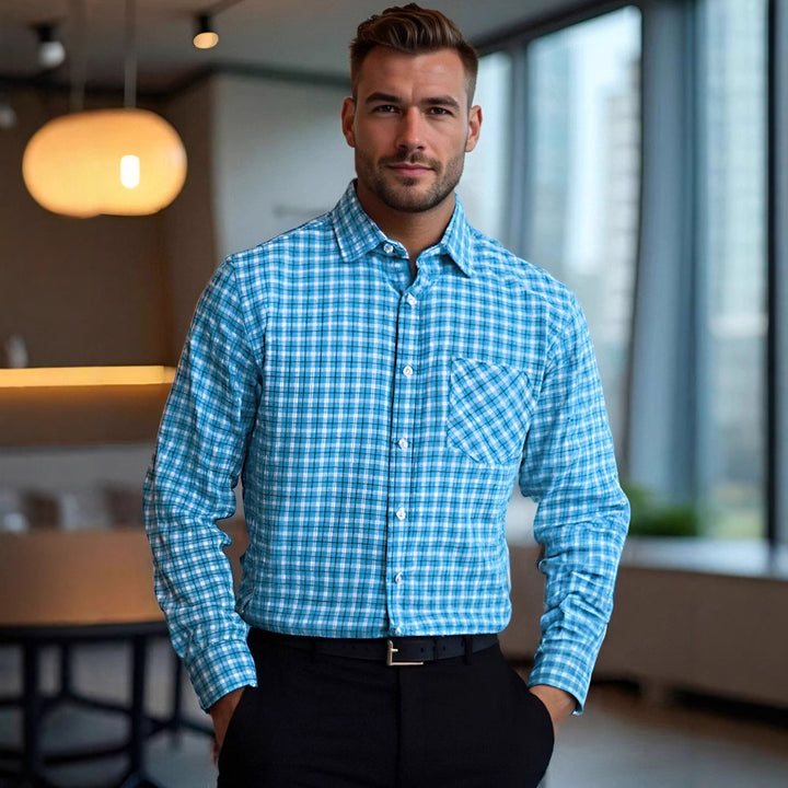 Herren kariertes Langarmhemd mit modischer Brusttasche Echoarchiv