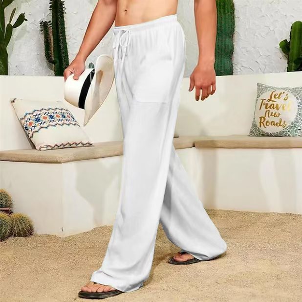 Herren weite Leinenhose mit Tunnelzug, aufgesetzten Seitentaschen und Relaxed-Fit – Sorevano