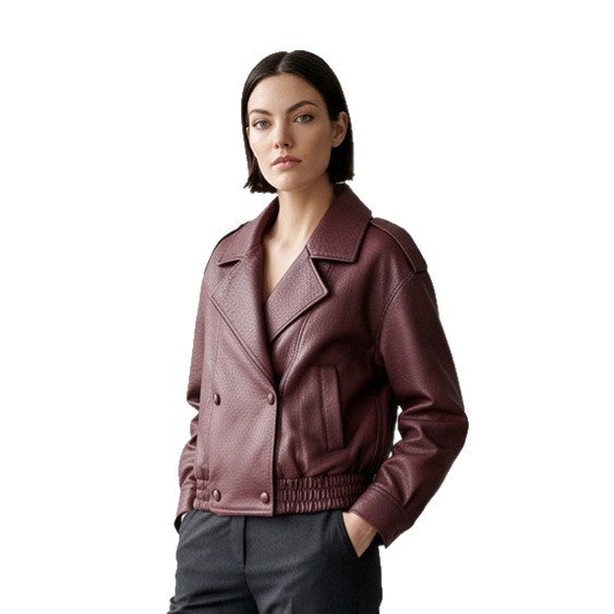 Damen Boxy-Lederimitat-Blouson mit strukturierter Narbung, doppelreihiger Knopfleiste & elastischem Saum Echoarchiv
